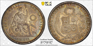 1870-YJ Peru 1 Sol PCGS MS62 Lot#G9254 Silver! Beautiful Toning! Nice UNC!