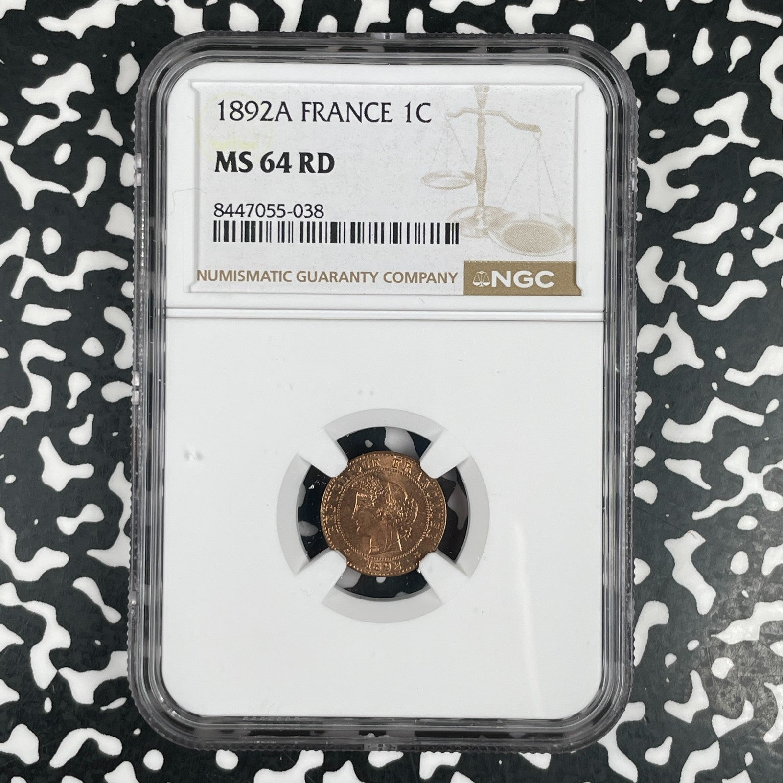 1892-A France 1 Centime NGC MS64RD Lot#G3605 Choice UNC!