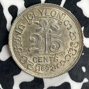 1892 Ceylon 25 Cents Lot#T8097 Silver! High Grade! Beautiful!
