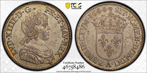 1644-A France 1/4 Ecu PCGS MS63 Lot#G7976 Silver! Choice UNC! Gad-139 Rose