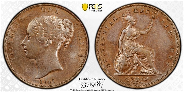1841 G.B. Victoria 1 Penny PCGS MS62BN Lot#G3694 Nice UNC! S-3948 No Colon