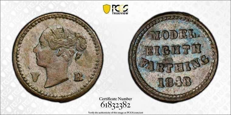 1848 Great Britain Victoria Model 1/8 Farthing PCGS MS63BN Lot#G3447 Choice UNC!