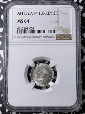 AH 1327 Year 4 (1912) Turkey 2 Kurus NGC MS64 Lot#G9465 Silver! Choice UNC!