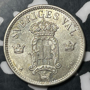 1907 Sweden 25 Ore Lot#E9535 Silver! High Grade! Beautiful!