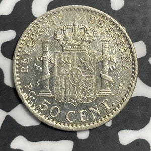 1904 Spain 50 Centimos Lot#E6655 Silver! Nice Detail, Old Cleaning