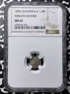 1896 Guatemala 1/4 Real NGC MS65 Lot#G8726 Silver! Gem BU! Wreath Reverse