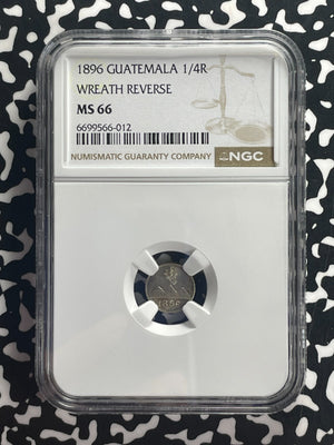 1896 Guatemala 1/4 Real NGC MS66 Lot#G824 Silver! Gem BU! Wreath Reverse