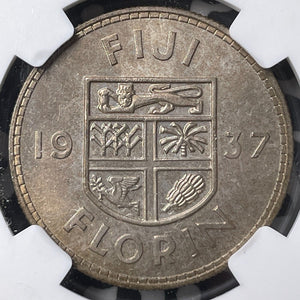 1937 Fiji 1 Florin NGC MS65 Lot#G9031 Silver! Top Graded! Gem BU!