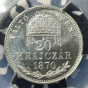 1870-KB Hungary 20 Krajczar Restrike PCGS PR67 Lot#G9070 Silver! Proof! KM#452.1