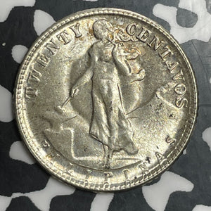 1945-D U.S. Philippines 20 Centavos Lot#T2662 Silver! High Grade! Beautiful!