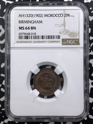 AH 1320 (1902) Morocco 2 Mazunas NGC MS64BN Lot#G9093 Top Graded!