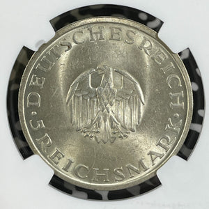 1929-E Germany Lessing 5 Mark NGC MS61 Lot#G9927 Silver! Nice UNC! 12,000 Minted