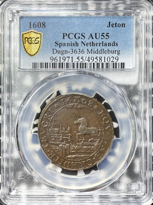 1608 Spanish Netherlands 'Zeeland Against Peace' Jeton PCGS AU55 Lot#G8111