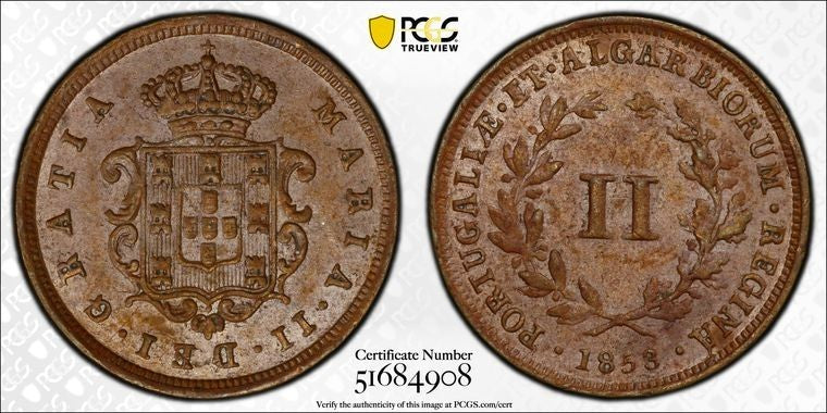 1853 Mozambique 2 Reis PCGS MS62BN Lot#G2026 Nice UNC!