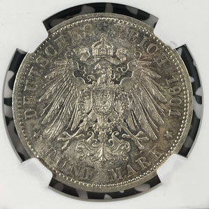1901-A Germany Prussia 5 Mark NGC AU58 Lot#G9923 Large Silver!