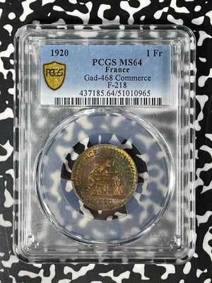 1920 France 1 Franc PCGS MS64 Lot#G120 Key Date! Choice UNC! Beautiful Toning!
