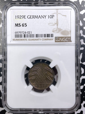 1929-E Germany 10 Pfennig NGC MS65 Lot#G9142 Gem BU! Solo Top Graded!