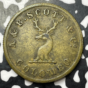 1859 Ceylon Colombo A & B. Scott Coffee Store Token Lot#JM9014 Elephant & Stag