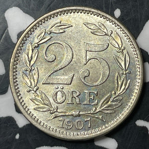 1907 Sweden 25 Ore Lot#E9535 Silver! High Grade! Beautiful!