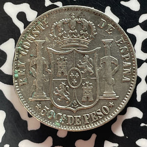 1885 Spanish Philippines 50 Centavos Lot#T4694 Silver! Cleaned