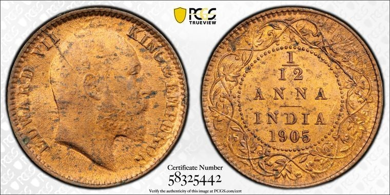 1905-(C) India 1/12 Anna PCGS MS65RB Lot#G3616 Top Graded! SW#7.208, Prid-818