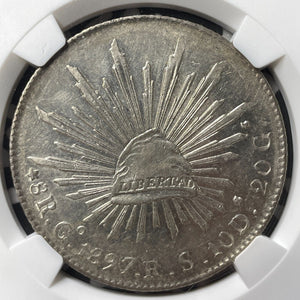 1897-Go RS Mexico 8 Reales NGC AU58 Lot#G7772 Large Silver Coin!