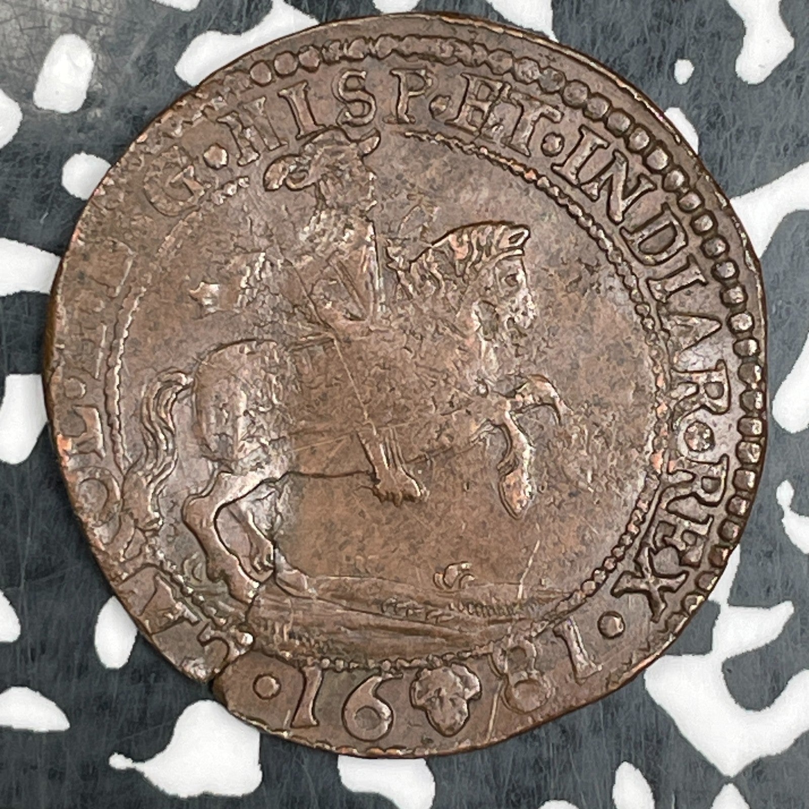 (1681) Spanish Netherlands King on Horseback/Hands & Flower Jeton Lot#N1723