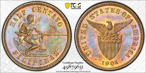 1904 U.S. Philippines 1/2 Half Centavo PCGS MS64RB Lot#G8330 Beautiful Toning!