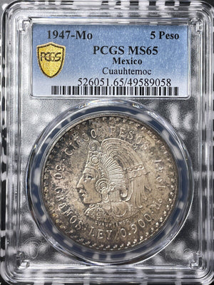 1947-Mo Mexico 5 Pesos PCGS MS65 Lot#G7437 Large Silver! Beautiful Toning!