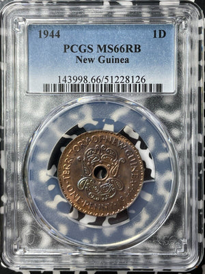 1944 New Guinea 1 Penny PCGS MS66RB Lot#G9169 Gem BU! Beautiful Toning!