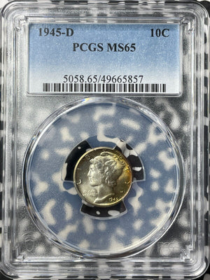 1945-D U.S. 10 Cents Mercury Dime PCGS MS65 Lot#G8362 Silver! Beautiful Toning!