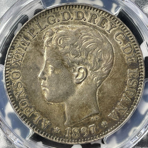 1897-SG V Spanish Philippines 1 Peso PCGS AU55 Lot#G9372 Silver! Calico-122