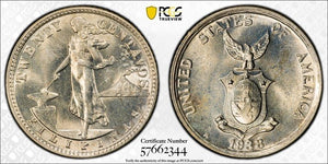 1938-M U.S. Philippines 20 Centavos PCGS MS64 Lot#G876 Silver! Choice UNC!
