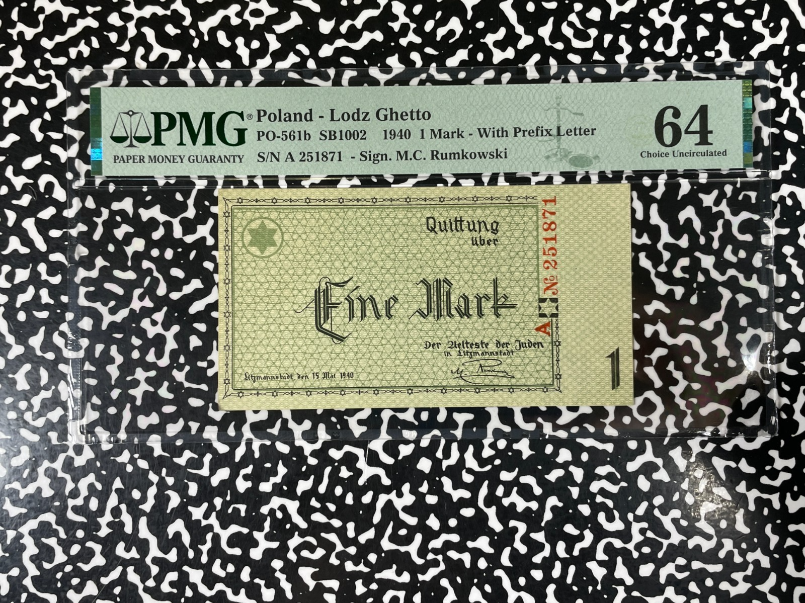1940 Poland Lodz Ghetto 1 Mark PMG Choice UNC 64 Lot#B3116 Pick#PO-561b SB1002