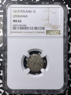 1619 Polish Lithuania 1 Schilling NGC MS62 Lot#G9038 Nice UNC!