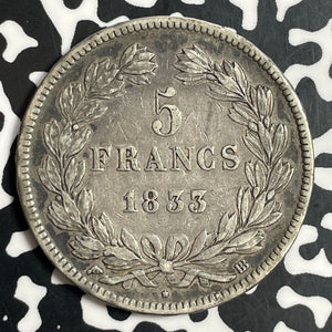 1833-BB France 5 Francs Lot#T0537 Large Silver Coin!