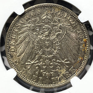 1914-F Germany Wurttemberg 3 Mark NGC AU55 Lot#G8747 Silver!