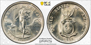1938-M U.S. Philippines 20 Centavos PCGS MS65 Lot#G1057 Silver! Gem BU!