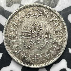 (1942) Egypt 2 Piastres Lot#E8331 Silver!