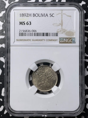 1892-H Bolivia 5 Centavos NGC MS63 Lot#G8526 Choice UNC!