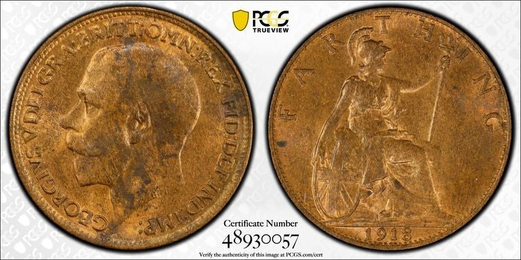 1918 Great Britain Farthing PCGS MS63RB Lot#G2181 S-4060 Bright Finish