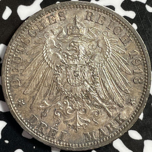 1913 Germany Prussia 3 Mark Lot#D8876 Silver! High Grade! Beautiful! KM#535