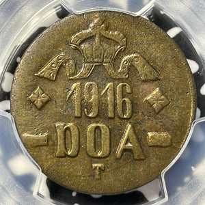 1916-T German East Africa 20 Heller PCGS AU55 Lot#G8128 Brass