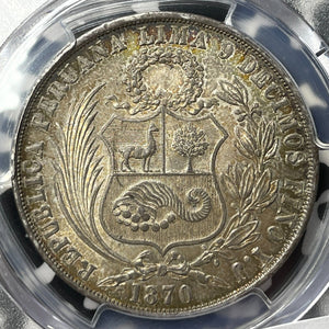 1870-YJ Peru 1 Sol PCGS MS62 Lot#G9254 Silver! Beautiful Toning! Nice UNC!