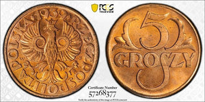 1939-(w) Poland 5 Groszy PCGS MS65RD Lot#G775 Gem BU!