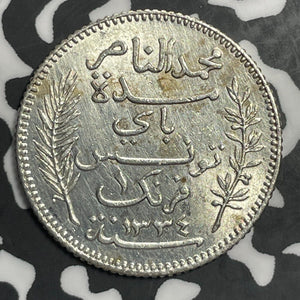 1916-A Tunisia 1 Franc Lot#E6695 Silver! High Grade! Beautiful!