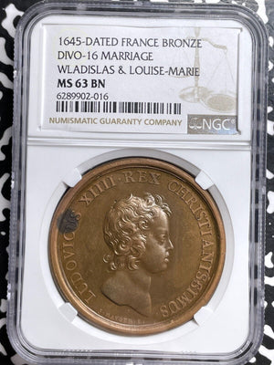 "1645" France Marriage Of Wladislas & Louise-Marie Medal NGC MS63BN Lot#G7026