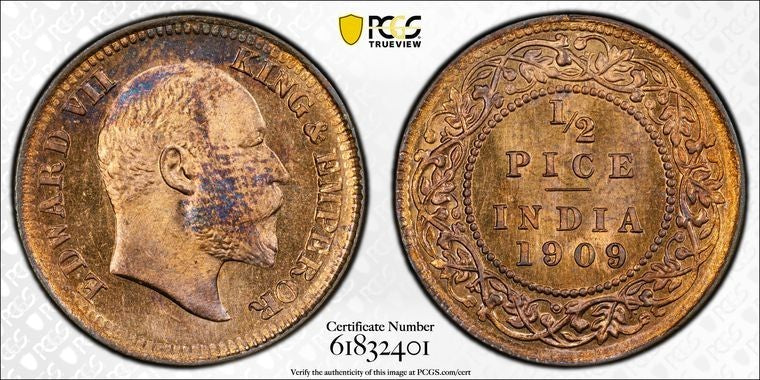 1909-(C) India 1/2 Pice PCGS MS64RB Lot#G3424 Choice UNC! SW-7.203