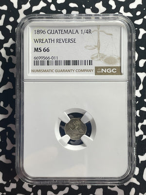 1896 Guatemala 1/4 Real NGC MS66 Lot#G825 Silver! Gem BU! Wreath Reverse