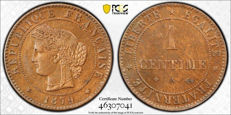 1879-A France 1 Centime PCGS MS64BN Lot#G2139 Choice UNC! Gad-88, F#104